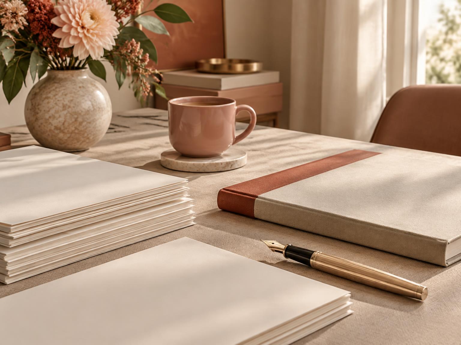 Neatly stacked business documents and a bound proposal on a desk